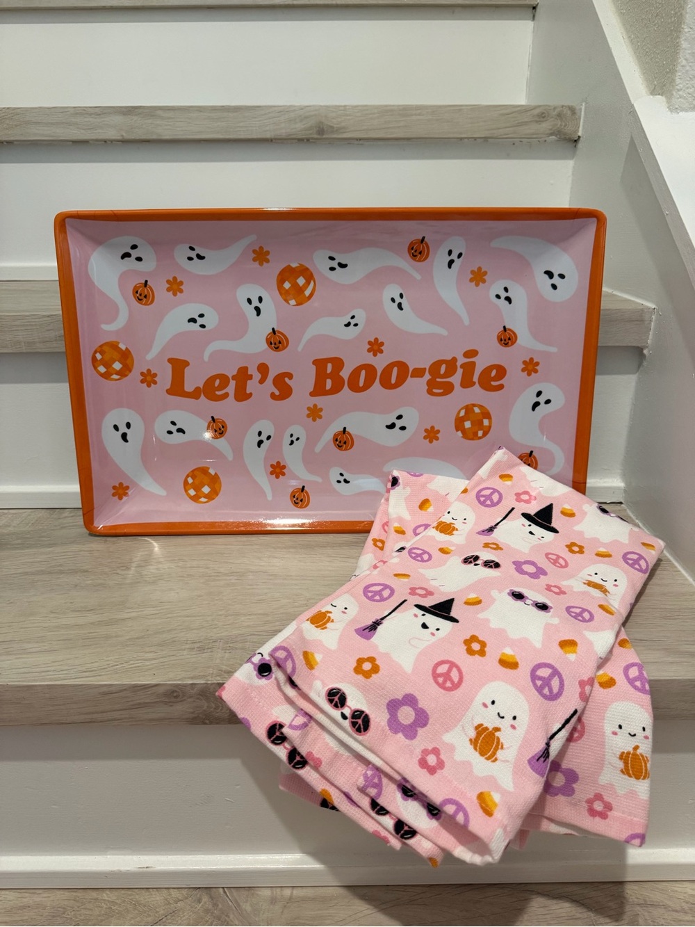 Let's Boo-gie Halloween Serving Tray & Ghost Print Towels - Pink & Orange